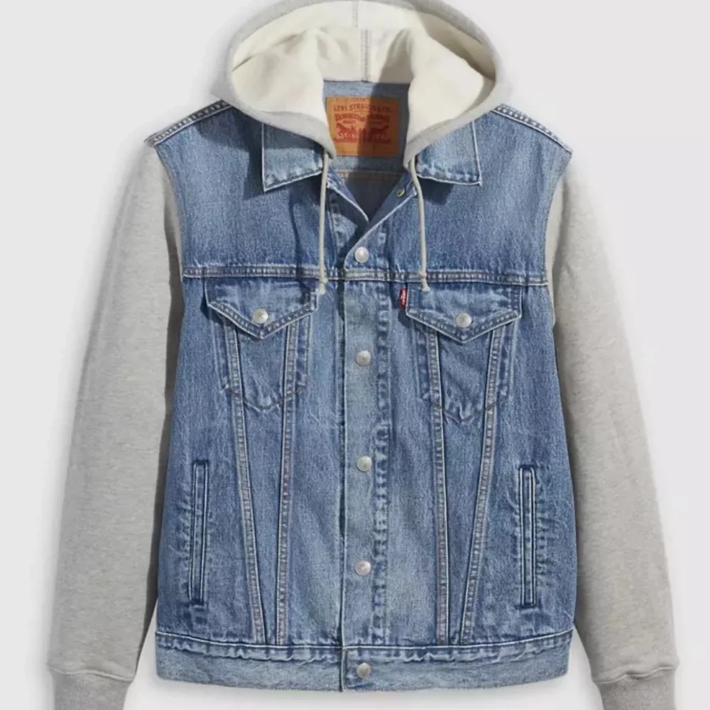 Men's Levi’s Light Blue Denim Jacket with Gray Hoodie Sleeves Sz Med NWT